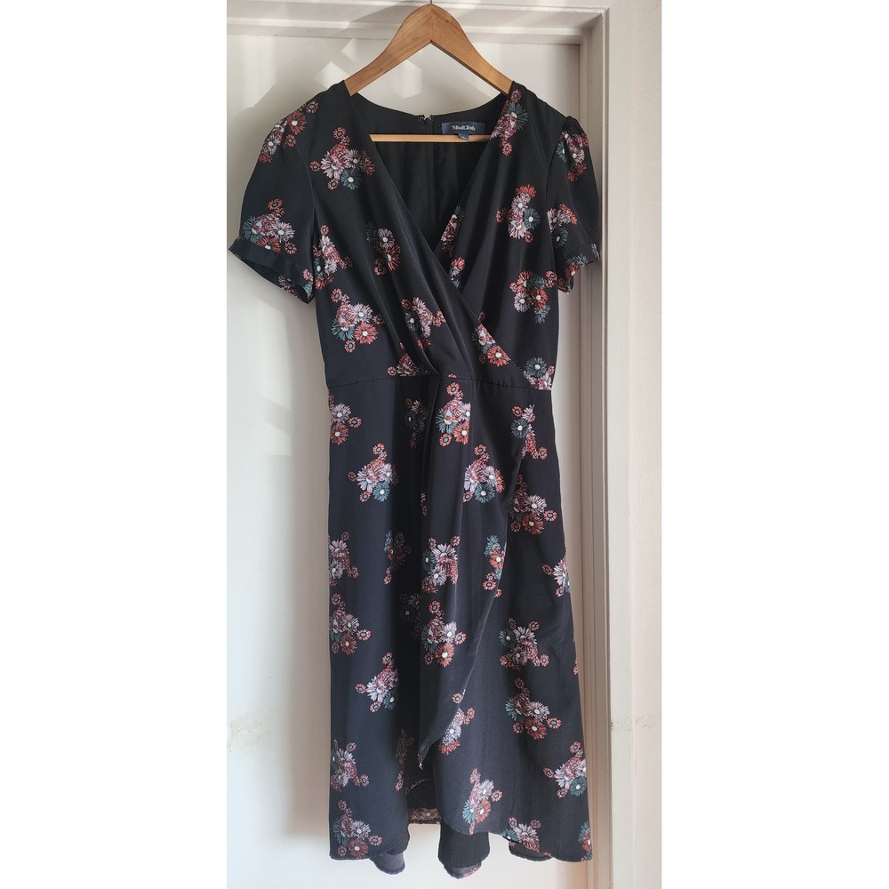 ModCloth Poetic Presence Floral Print Midi Dress‎ Black Faux Wrap L Tulip Skirt